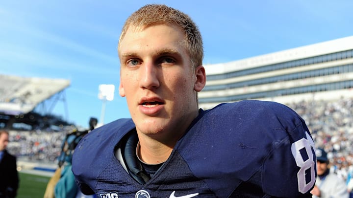 Nov 16, 2013; University Park, PA, USA; Penn State Nittany Lions tight end Adam Breneman (81) jogs off the field following the game against the Purdue Boilermakers at Beaver Stadium.  Penn State defeated Purdue  45-21.  Mandatory Credit: Rich Barnes-Imagn Images