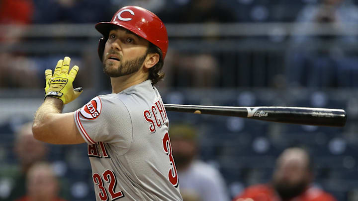 Cincinnati Reds left fielder Max Schrock (32) at bat versus the Pittsburgh Pirates.