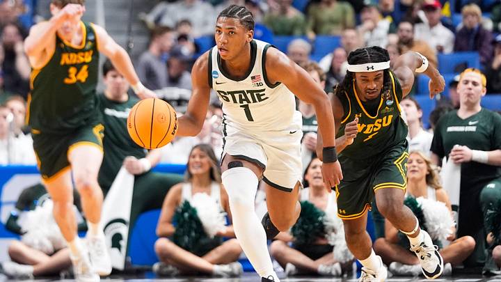 Mar 19, 2026; Buffalo, NY, USA; Michigan State Spartans guard Jeremy Fears Jr. (1) brings the ball up court during the second half against the North Dakota State Bison during a first round game of the men's 2026 NCAA Tournament at Keybank Center. Mandatory Credit: Gregory Fisher-Imagn Images