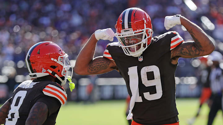 Cleveland Browns wide receiver Cedric Tillman (19) celebrates his touchdown with wide receiver Elijah Moore (8) during the second half of an NFL football game at Huntington Bank Field, Sunday, Oct. 27, 2024, in Cleveland, Ohio. Cleveland Browns wide receiver Cedric Tillman (19) celebrates his touchdown with wide receiver Elijah Moore (8) during the second half of an NFL football game at Huntington Bank Field, Sunday, Oct. 27, 2024, in Cleveland, Ohio.