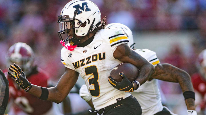 Oct 26, 2024; Tuscaloosa, Alabama, USA;  Missouri Tigers wide receiver Luther Burden III (3) runs the ball against the Alabama Crimson Tide during the second quarter at Bryant-Denny Stadium. Mandatory Credit: Will McLelland-Imagn Images