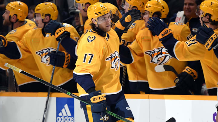 Mar 26, 2024; Nashville, Tennessee, USA; Nashville Predators center Mark Jankowski (17) celebrates