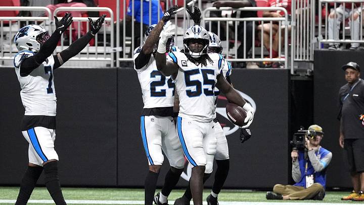 Sep 20, 2026; Atlanta, Georgia, USA; Carolina Panthers linebacker Devin Lloyd (55) celebrates after scoring a touchdown on an interception during the third quarter against the Atlanta Falcons at Mercedes-Benz Stadium. Mandatory Credit: Dale Zanine-Imagn Images Sep 20, 2026; Atlanta, Georgia, USA; Carolina Panthers linebacker Devin Lloyd (55) celebrates after scoring a touchdown on an interception during the third quarter against the Atlanta Falcons at Mercedes-Benz Stadium. Mandatory Credit: Dale Zanine-Imagn Images