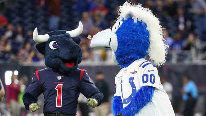 Nov 21, 2019; Houston, TX, USA; Houston Texans mascot Toro and Indianapolis Colts mascot Blue perform before a game at NRG Stadium. Mandatory Credit: Troy Taormina-Imagn Images Nov 21, 2019; Houston, TX, USA; Houston Texans mascot Toro and Indianapolis Colts mascot Blue perform before a game at NRG Stadium. Mandatory Credit: Troy Taormina-Imagn Images