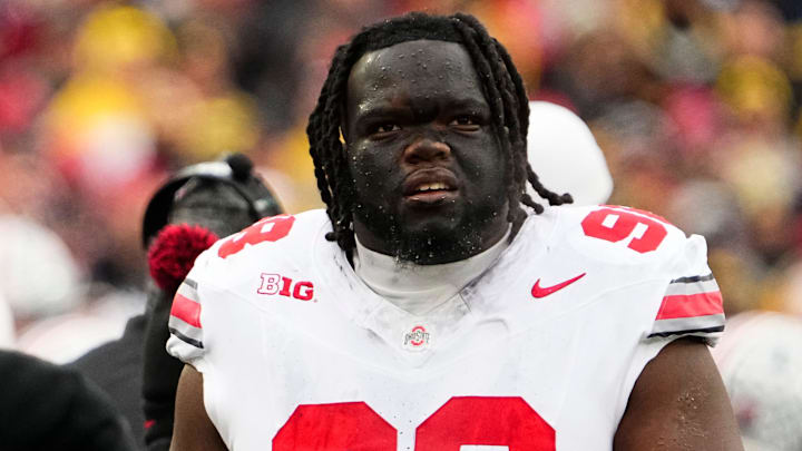 Ohio State Buckeyes defensive tackle Kayden McDonald (98) watches from the sideline during the NCAA football game against the Michigan Wolverines at Michigan Stadium in Ann Arbor, Mich. on Nov. 29, 2025. Ohio State won 27-9.