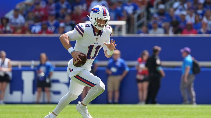 Aug 15, 2026; Orchard Park, New York, USA; Buffalo Bills quarterback Kyle Allen (11) runs with the ball aginst the Carolina Panthers during the first half at New Highmark Stadium. Aug 15, 2026; Orchard Park, New York, USA; Buffalo Bills quarterback Kyle Allen (11) runs with the ball aginst the Carolina Panthers during the first half at New Highmark Stadium.