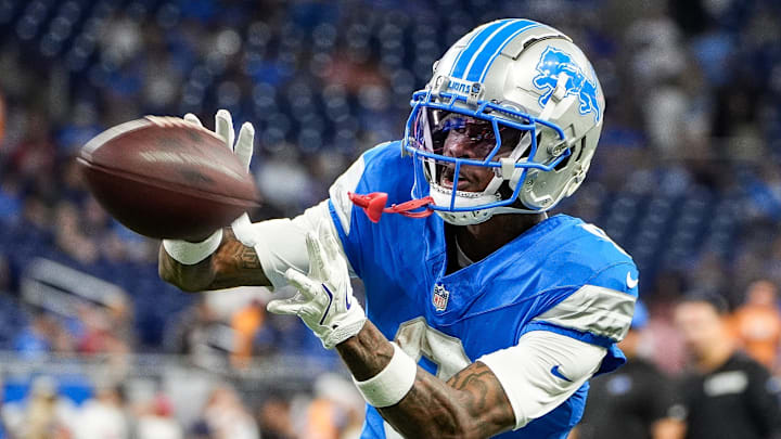 Detroit Lions wide receiver Jameson Williams (9) warm up before the Tampa Bay Buccaneers game at Ford Field in Detroit on Sunday, September 15, 2024.