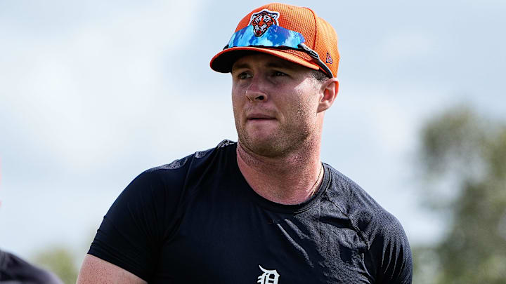 Detroit Tigers infielder Colt Keith works out at first base during spring training at TigerTown in Lakeland, Fla. on Sunday, Feb. 16, 2025 Detroit Tigers infielder Colt Keith works out at first base during spring training at TigerTown in Lakeland, Fla. on Sunday, Feb. 16, 2025