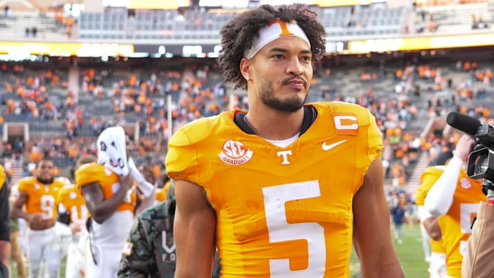 Tennessee wide receiver Bru McCoy (5) after a NCAA football game between Tennessee and UTEP in Neyland Stadium on Saturday, November 23, 2024. Tennessee wide receiver Bru McCoy (5) after a NCAA football game between Tennessee and UTEP in Neyland Stadium on Saturday, November 23, 2024.