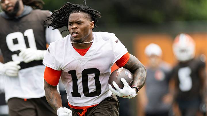 Jun 9, 2026; Berea, OH, USA; Cleveland Browns running back Quinshon Judkins (10) runs the ball during mandatory mini camp at Cross Country Mortgage Campus. 