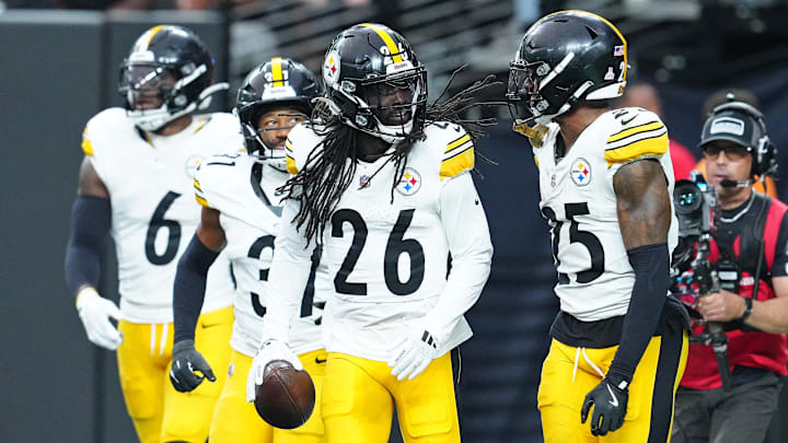 Oct 13, 2024; Paradise, Nevada, USA; Pittsburgh Steelers cornerback Donte Jackson (26) celebrates with safety DeShon Elliott (25) after intercepting a Las Vegas Raiders pass during the fourth quarter at Allegiant Stadium. Mandatory Credit: Stephen R. Sylvanie-Imagn Images