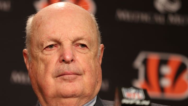 Cincinnati Bengals team president Mike Brown answers questions during a press conference announcing Zac Taylor as 10th head coach in Cincinnati Bengals team history, Tuesday, Feb. 5, 2019, at Paul Brown Stadium in Cincinnati.