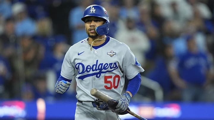 Los Angeles Dodgers shortstop Mookie Betts (50) walks against the Toronto Blue Jays in the tenth inning during game seven of the 2025 MLB World Series at Rogers Centre. 