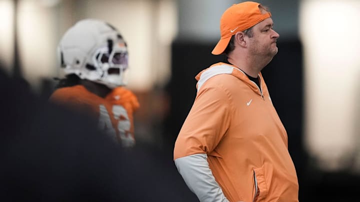 Tennessee head coach Josh Heupel during Tennessee football preseason practice, in Knoxville, Tennessee, Aug. 5, 2025.
