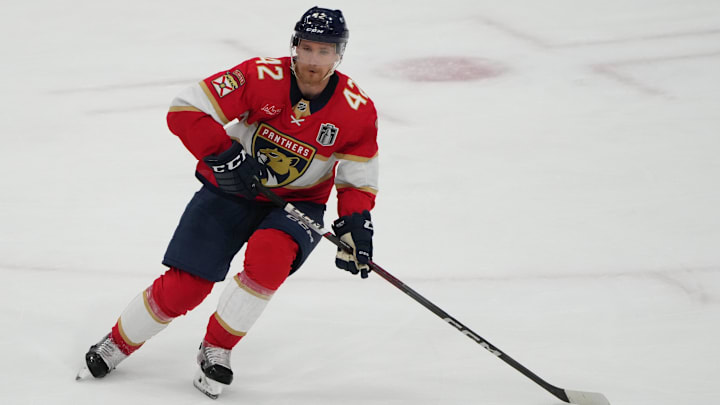 Jun 24, 2024; Sunrise, Florida, USA;  Florida Panthers defenseman Gustav Forsling (42) skates with the puck during the third period against the Edmonton Oilers in game seven of the 2024 Stanley Cup Final at Amerant Bank Arena. Mandatory Credit: Jim Rassol-Imagn Images