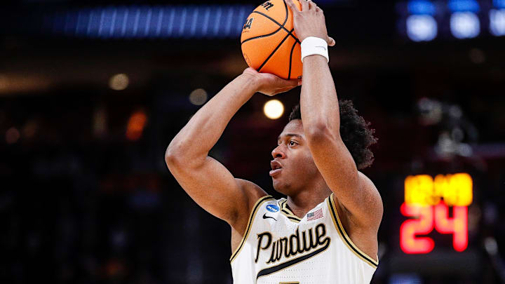 Purdue guard Myles Colvin (5) makes a jump shot against Tennessee 
