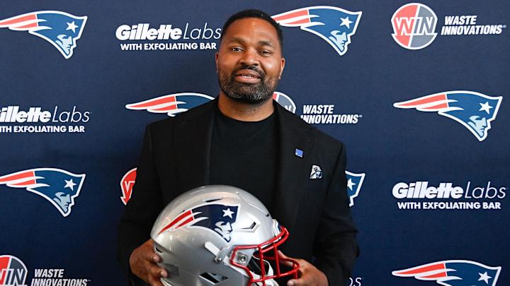 Jan 17, 2024; Foxborough, MA, USA; New England Patriots head coach Jerod Mayo poses for a photo