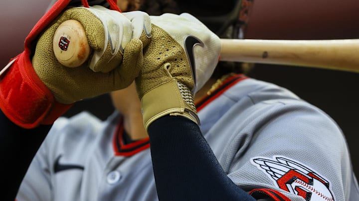 May 16, 2025; Cincinnati, Ohio, USA; A detail view of the bat of Cleveland Guardians catcher Bo Naylor (23) as he prepares on deck in the ninth inning against the Cincinnati Reds at Great American Ball Park. Mandatory Credit: Katie Stratman-Imagn Images