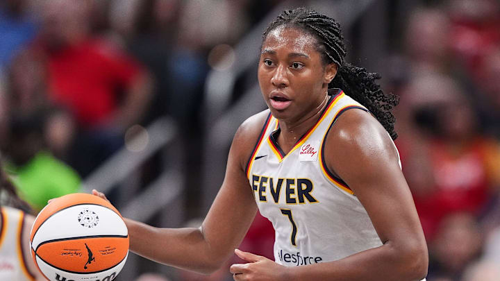 Indiana Fever forward Aliyah Boston (7) rushes up the court Friday, July 12, 2024, during the game at Gainbridge Fieldhouse in Indianapolis. The Indiana Fever defeated the Phoenix Mercury, 95-86.