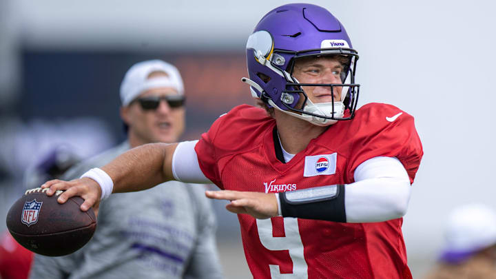 J.J. McCarthy at a Vikings training camp practice. J.J. McCarthy at a Vikings training camp practice.
