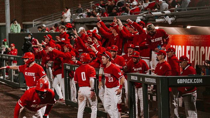 The NC State dugout celebrates during the team's 13-6 victory over the Miami Hurricanes in the second game of a doubleheader on Friday, May 1, 2026 in Raleigh, N.C.