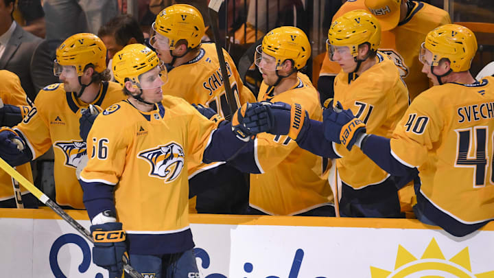 Mar 5, 2026; Nashville, Tennessee, USA;  Nashville Predators left wing Erik Haula (56) celebrates with his teammates after scoring a goal against the Boston Bruins during the second period at Bridgestone Arena. Mandatory Credit: Steve Roberts-Imagn Images