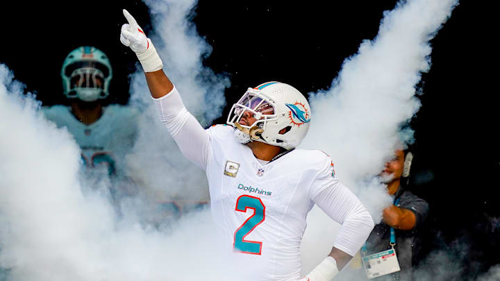 Nov 9, 2025; Miami Gardens, Florida, USA; Miami Dolphins outside linebacker Bradley Chubb (2) runs on the field before a game against the Buffalo Bills at Hard Rock Stadium