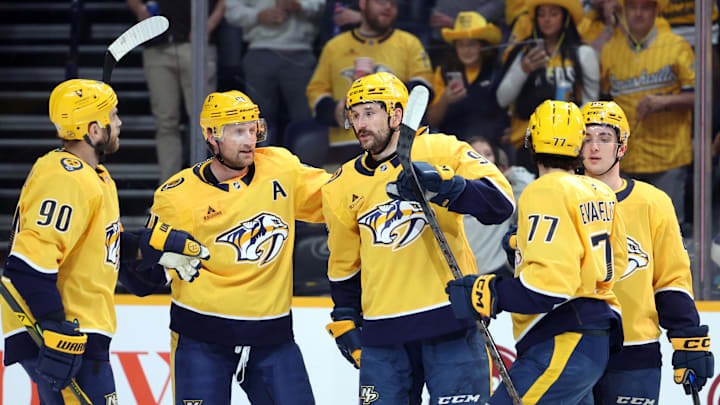 Apr 16, 2026; Nashville, Tennessee, USA;  The Nashville Predators celebrate a goal by Nashville Predators left wing Filip Forsberg (9) during the first period against the Anaheim Ducks at Bridgestone Arena. Mandatory Credit: Alan Poizner-Imagn Images