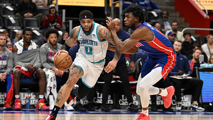 Mar 11, 2024; Detroit, Michigan, USA;  Charlotte Hornets forward Miles Bridges (0) 