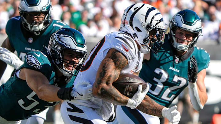 Cincinnati Bengals running back Chase Brown (30) tries to run throw the Philadelphia Eagles defense in the NFL Week 8 matchup at Paycor Stadium during the Sunday October 27, 2024. The Bengals lost 37-17 and remain winless at home.