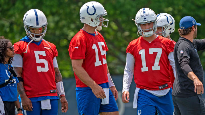 Colts quarterbacks, Anthony Richardson, from left, Joe Flacco and Kedon Slovis wait for the next drill during Indianapolis Colts minicamp practice Tuesday, June 4, 2024 at the Indiana Farm Bureau Football Center. Colts quarterbacks, Anthony Richardson, from left, Joe Flacco and Kedon Slovis wait for the next drill during Indianapolis Colts minicamp practice Tuesday, June 4, 2024 at the Indiana Farm Bureau Football Center.