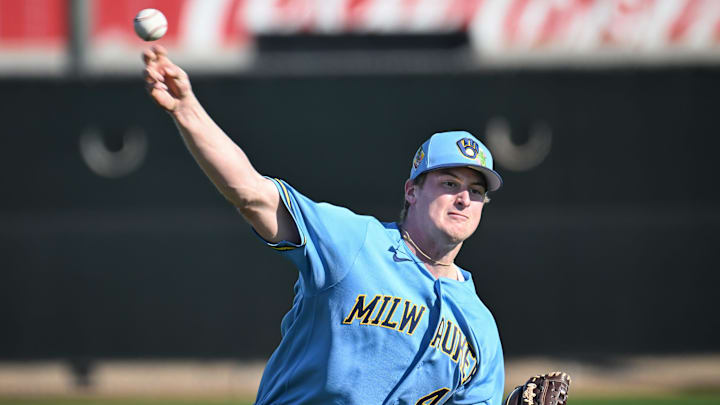 Milwaukee Brewers pitcher Quinn Priester (46) throws in the outfield during spring training workouts Saturday, February 14, 2026, at American Family Fields of Phoenix in Phoenix, Arizona.