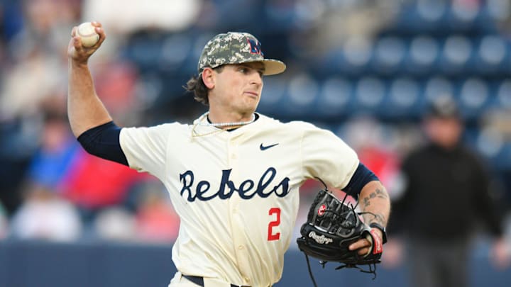 Ole Miss pitcher Riley Maddox (2) pitches against Mississippi State at Swayze Field in Oxford, Miss., on Friday, Apr. 12, 2024.