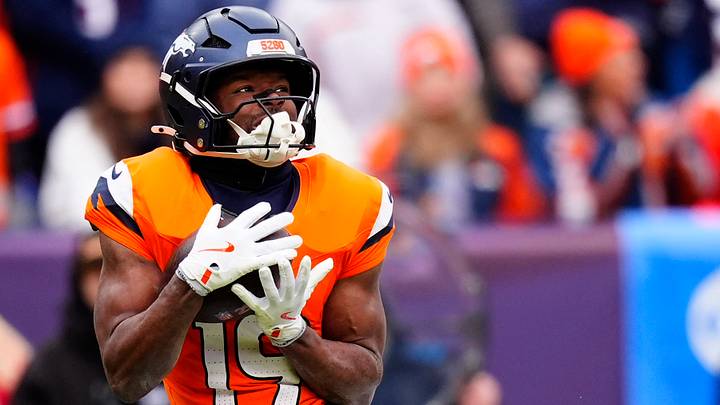 Jan 25, 2026; Denver, CO, USA; Denver Broncos wide receiver Marvin Mims Jr. (19) makes a catch against the New England Patriots during the first half in the 2026 AFC Championship Game at Empower Field at Mile High. Images Jan 25, 2026; Denver, CO, USA; Denver Broncos wide receiver Marvin Mims Jr. (19) makes a catch against the New England Patriots during the first half in the 2026 AFC Championship Game at Empower Field at Mile High. Images