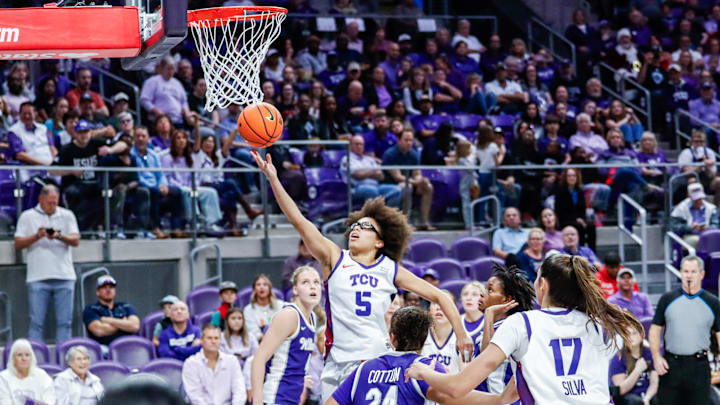 TCU's Olivia Miles shoots a basket in the conference opener against Kansas State