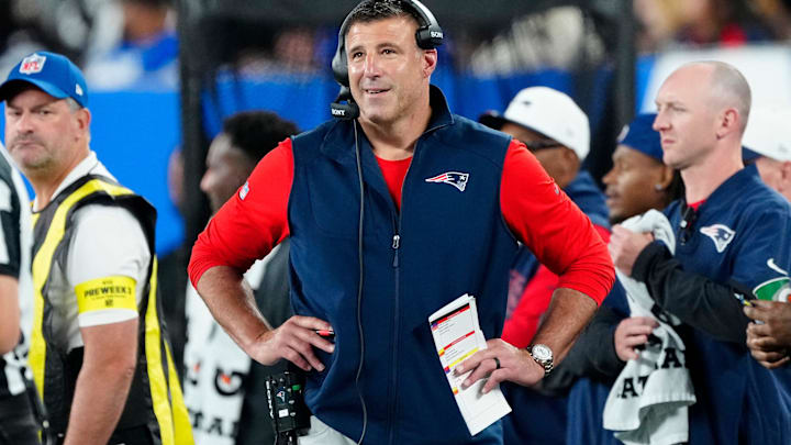 New England Patriots Head Coach, Mike Vrabel is shown on the sideline, Thursday, August 21, 2025, in East Rutherford.
