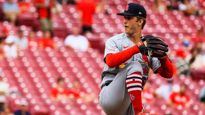 Aug 17, 2026; Cincinnati, Ohio, USA; St. Louis Cardinals starting pitcher Quinn Matthews (60) pitches against the Cincinnati Reds in the second inning at Great American Ball Park. Mandatory Credit: Katie Stratman-Imagn Images
