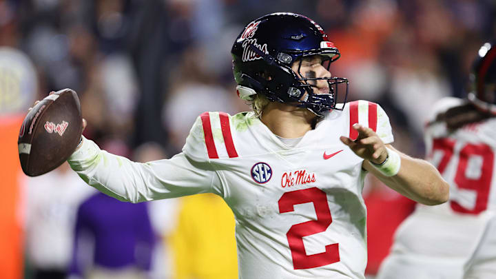 Oct 21, 2023; Auburn, Alabama, USA; Mississippi Rebels quarterback Jaxson Dart (2) throws a pass against the Auburn Tigers during the third quarter in Jordan-Hare Stadium. Mandatory Credit: John Reed-Imagn Images Oct 21, 2023; Auburn, Alabama, USA; Mississippi Rebels quarterback Jaxson Dart (2) throws a pass against the Auburn Tigers during the third quarter in Jordan-Hare Stadium. Mandatory Credit: John Reed-Imagn Images