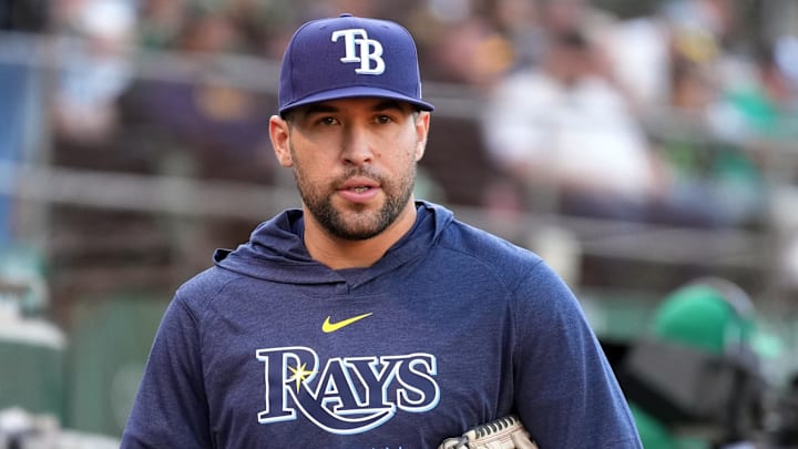 Aug 21, 2024; Oakland, California, USA; Tampa Bay Rays right fielder Dylan Carlson (10) before the game against the Oakland Athletics at Oakland-Alameda County Coliseum. Mandatory Credit: Darren Yamashita-Imagn Images Aug 21, 2024; Oakland, California, USA; Tampa Bay Rays right fielder Dylan Carlson (10) before the game against the Oakland Athletics at Oakland-Alameda County Coliseum. Mandatory Credit: Darren Yamashita-Imagn Images