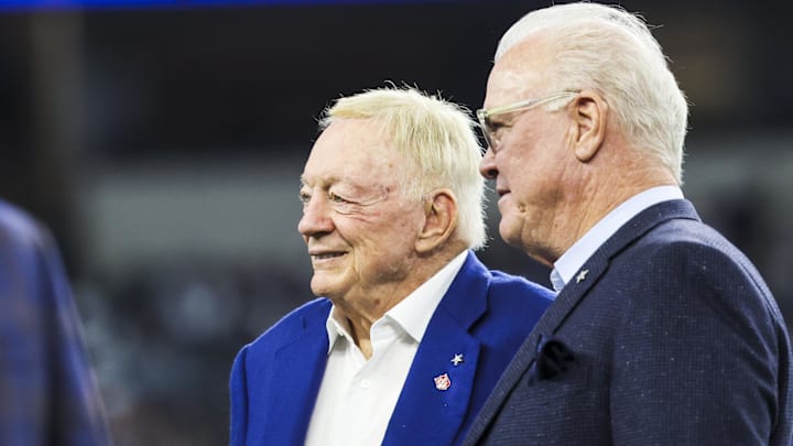 Dallas Cowboys co-owners Jerry Jones and Stephen Jones during pregame warmups against the Los Angeles Chargers.