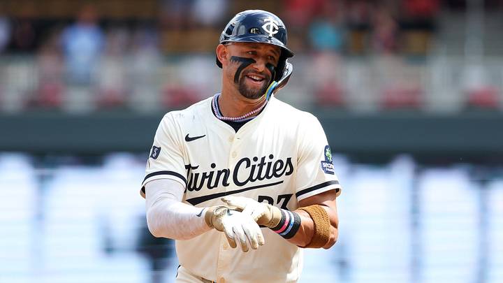 Aug 17, 2025; Minneapolis, Minnesota, USA; Minnesota Twins third baseman Royce Lewis (23) runs the bases after hitting a solo home run against the Detroit Tigers during the second inning at Target Field. Mandatory Credit: Matt Krohn-Imagn Images