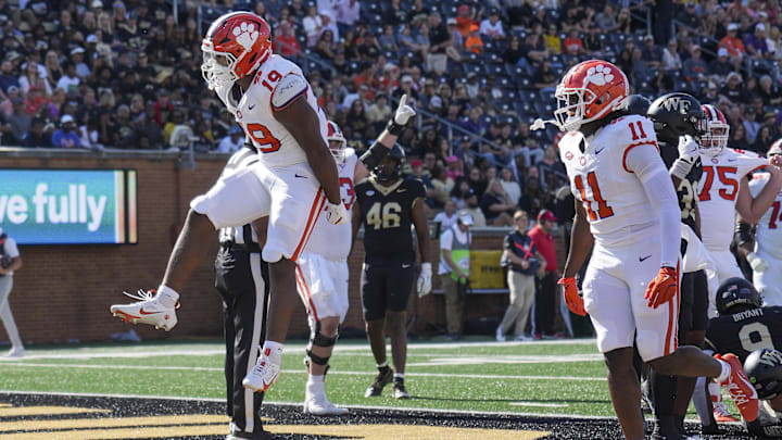 Oct 12, 2024; Winston-Salem, North Carolina, USA; Clemson Tigers running back Keith Adams Jr. (19) reacts to his touchdown against the Wake Forest Demon Deacons during the second half at Allegacy Federal Credit Union Stadium.