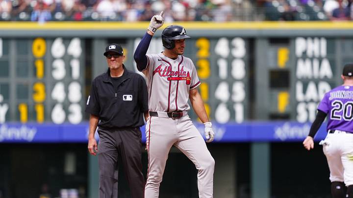 May 3, 2026; Denver, Colorado, USA; Atlanta Braves first baseman Matt Olson (28) reacts after his RBI double in the sixth inning against the Colorado Rockies at Coors Field. Mandatory Credit: Ron Chenoy-Imagn Images