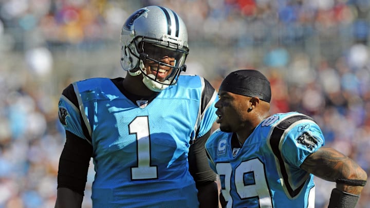 Oct. 23, 2011; Charlotte, NC, USA; Carolina Panthers quarterback Cam Newton (1) talks with wide receiver Steve Smith (89) during the game against the Washington Redskins at Bank of America Stadium. Carolina Panthers defeat the Washington Redskins by a score of 33-20. Mandatory Credit: Sam Sharpe-Imagn Images