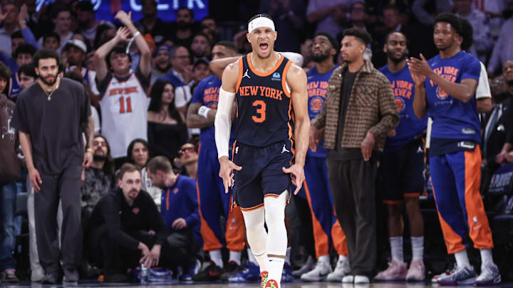 May 8, 2024; New York, New York, USA; New York Knicks guard Josh Hart (3) celebrates in the fourth