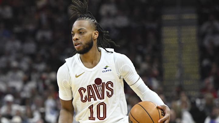 Apr 20, 2024; Cleveland, Ohio, USA; Cleveland Cavaliers guard Darius Garland (10) brings the ball up court in the second quarter against the Orlando Magic during game one of the first round for the 2024 NBA playoffs at Rocket Mortgage FieldHouse. Mandatory Credit: David Richard-USA TODAY Sports