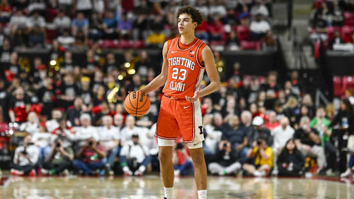 Mar 8, 2026; College Park, Maryland, USA;  ]Illinois Fighting Illini guard Keaton Wagler (23) looks to pass during the first half against the Maryland Terrapins at Xfinity Center. Mandatory Credit: Tommy Gilligan-Imagn Images