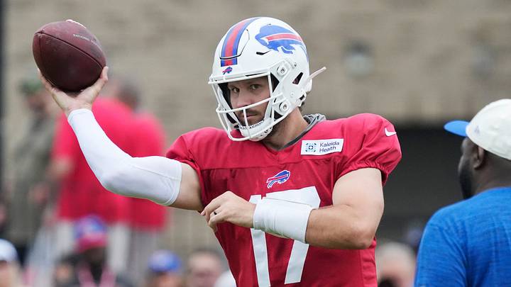 Bills quarterback Josh Allen throws during position drills during the final day of Buffalo Bills training camp at St. John Fisher University Friday, August 7, 2026 in Pittsford. Bills quarterback Josh Allen throws during position drills during the final day of Buffalo Bills training camp at St. John Fisher University Friday, August 7, 2026 in Pittsford.