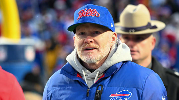 Jan 4, 2026; Orchard Park, New York, USA; Buffalo Bills head coach Sean McDermott looks on before the game against the New York Jets at Highmark Stadium. Mandatory Credit: Mark Konezny-Imagn Images