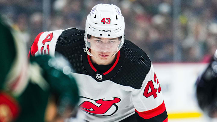 Nov 2, 2023; Saint Paul, Minnesota, USA; New Jersey Devils defenseman Luke Hughes (43) looks on during the first period against the Minnesota Wild at Xcel Energy Center. Mandatory Credit: Brace Hemmelgarn-Imagn Images